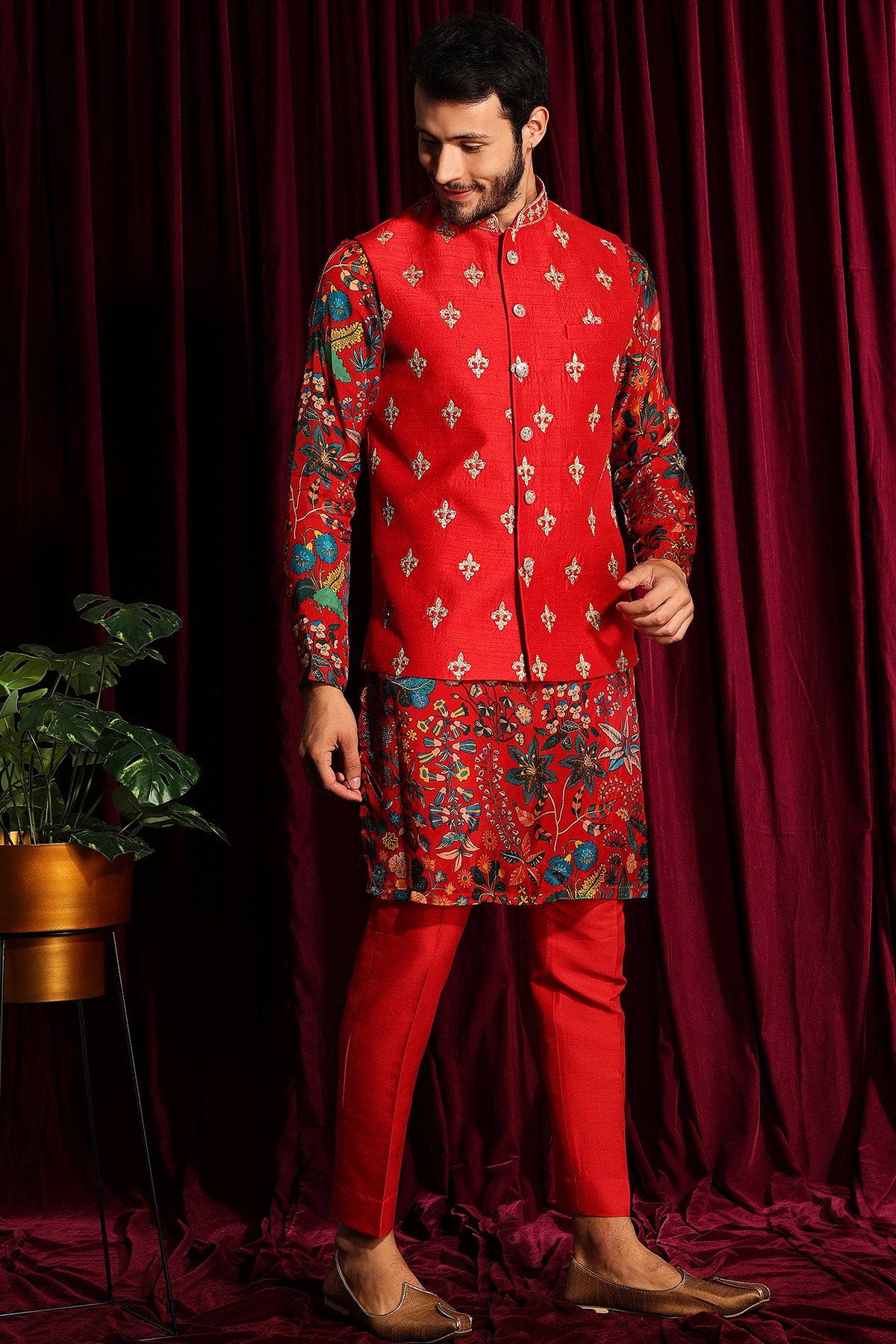 Men's Red Bundi & Kurta Set