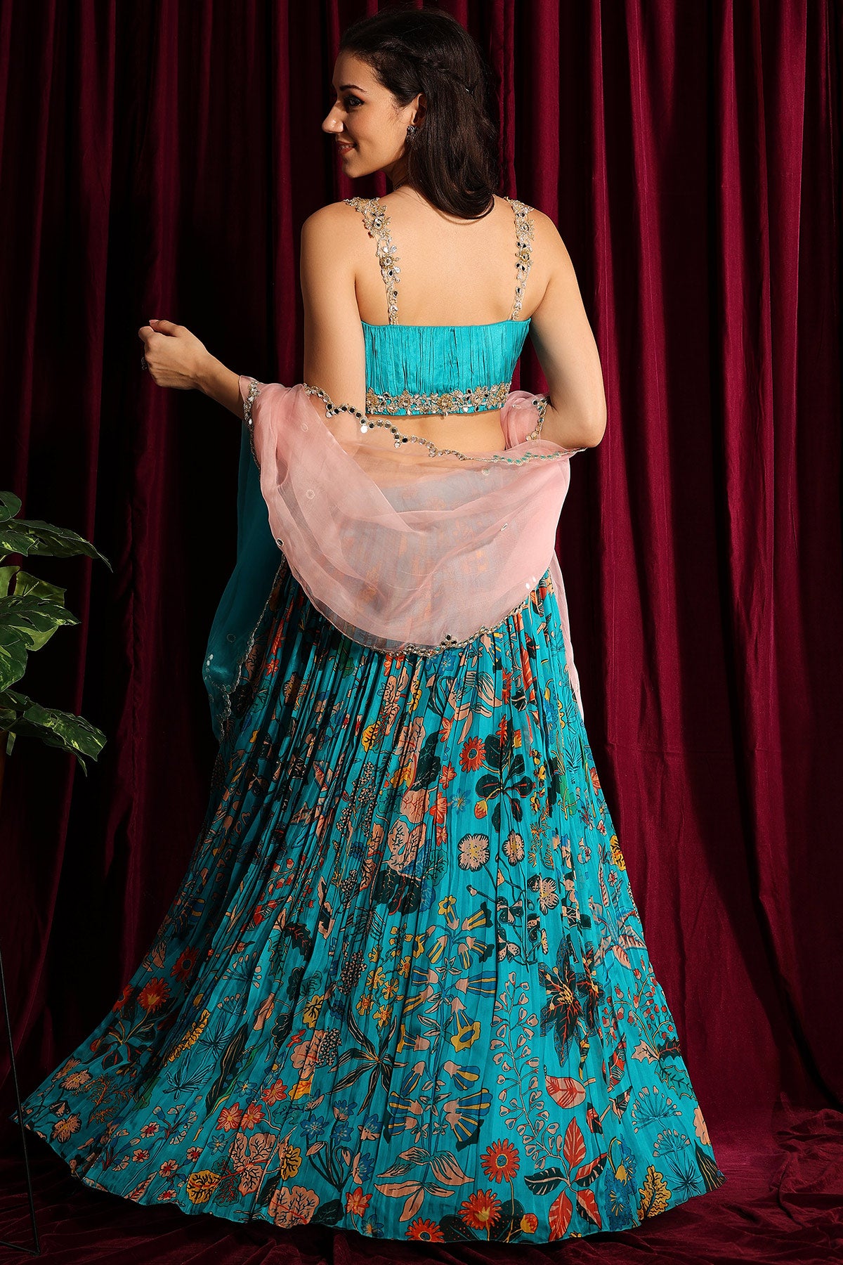 Gathered Lehenga With A Bustier Blouse And A Dupatta