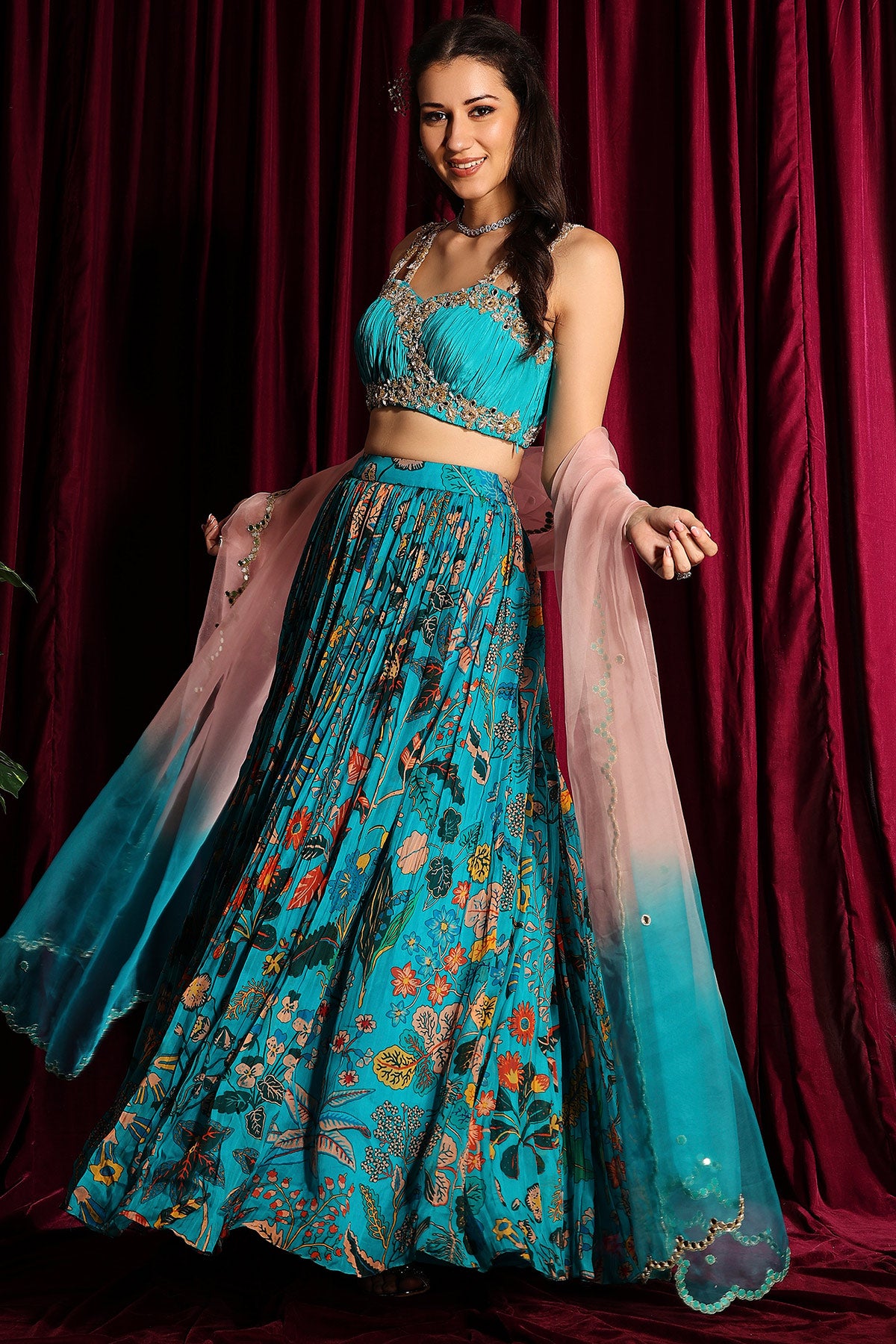 Gathered Lehenga With A Bustier Blouse And A Dupatta