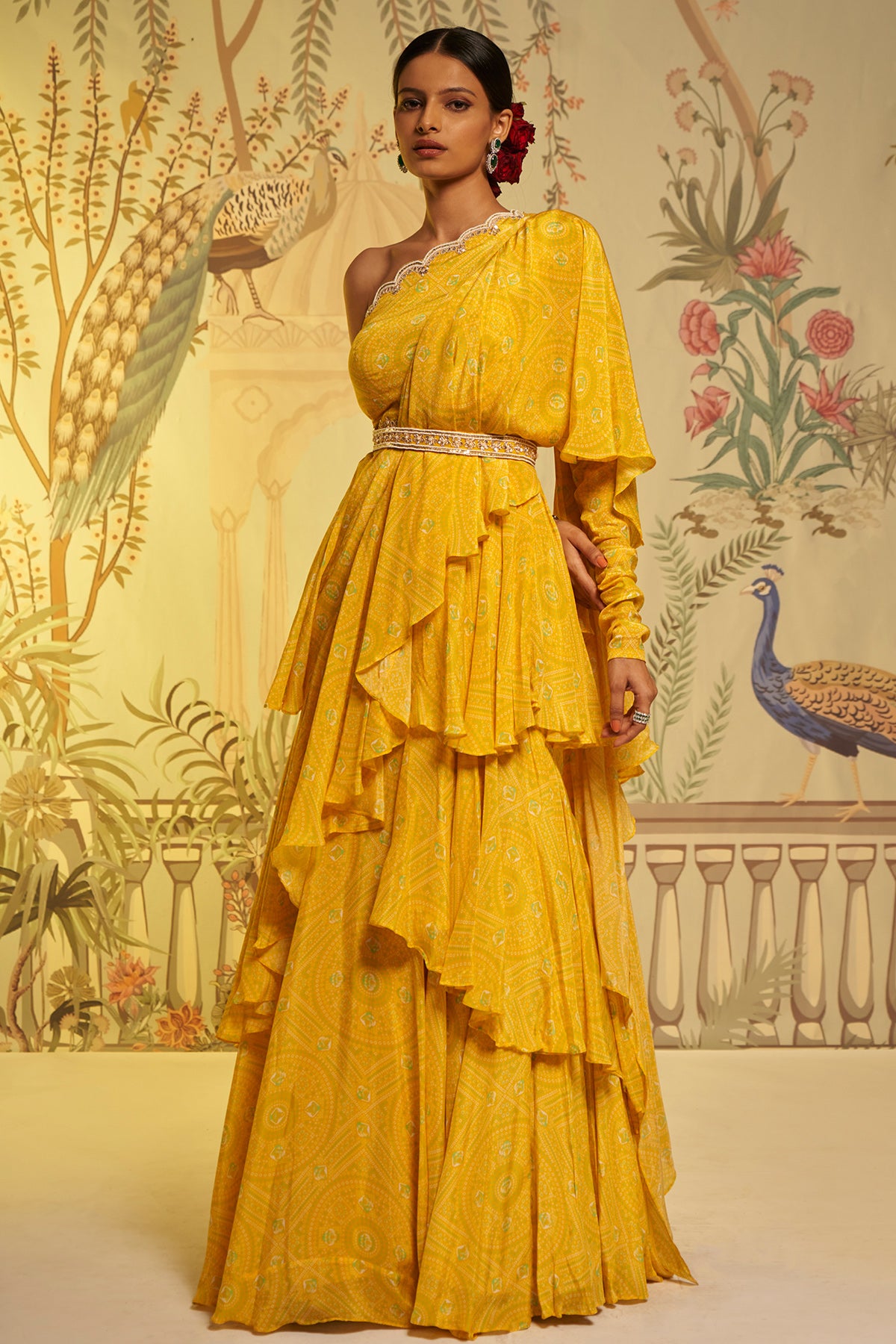 Yellow Bhandhini  Frill Saree