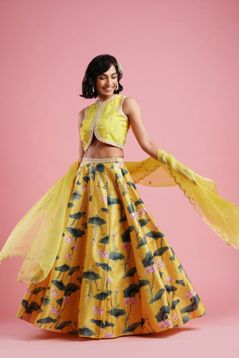 Buy Yellow Chiffon Lehenga Set With Embroidered Jacket KALKI Fashion India