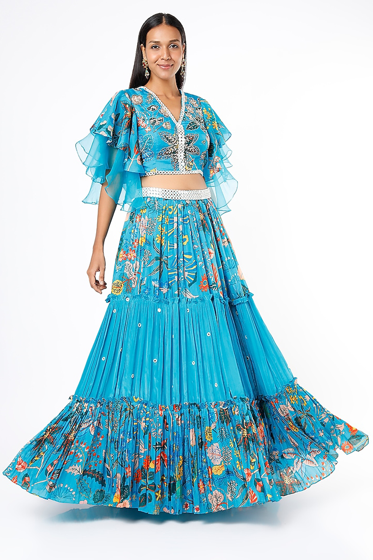 Turquoise Frill Blouse Lehenga