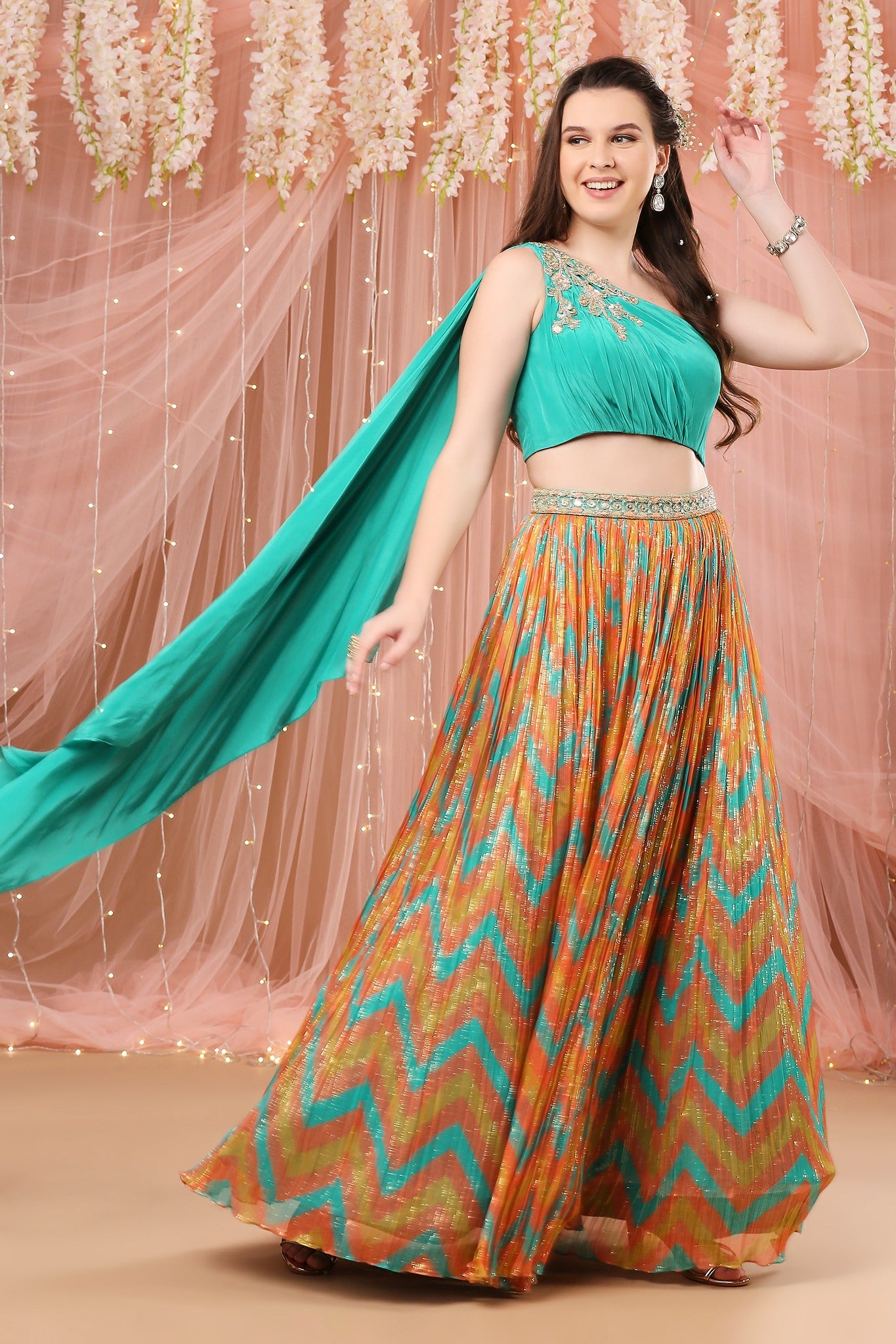 Chevron One Shoulder Lehenga