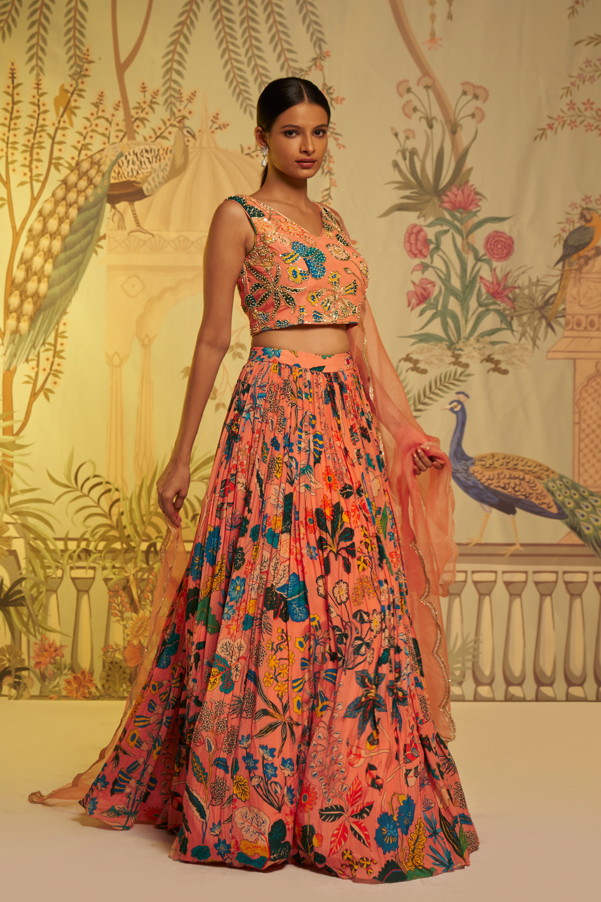 Peach Sleeveless Sitara Lehenga