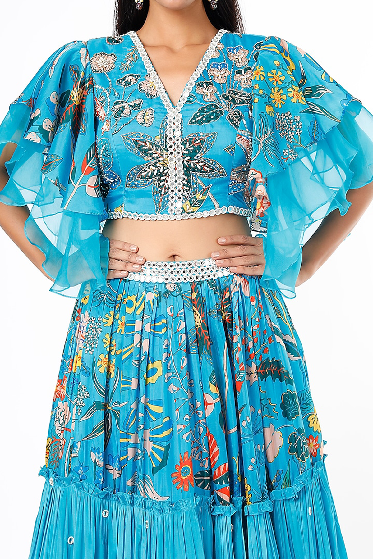 Turquoise Frill Blouse Lehenga